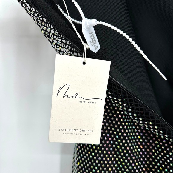 NWT Mew Mews Black Rhinestone Bowie Mesh Diamond Feather Bandage Maxi Dress L - Picture 5 of 15